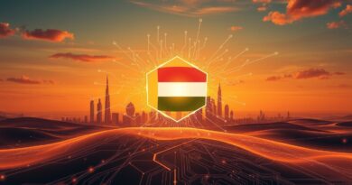 Futurystyczny krajobraz ZEA w zachodzącym słońcu, symbolizujący innowacje AI i postęp technologiczny.