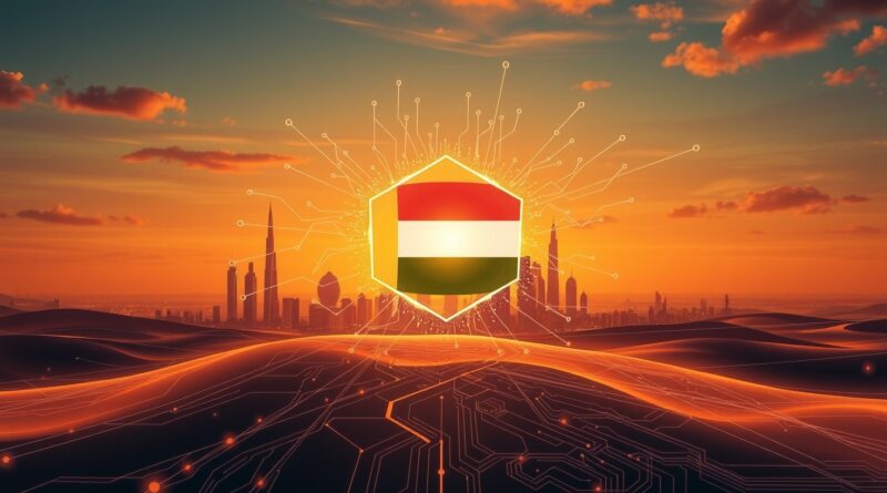 Futurystyczny krajobraz ZEA w zachodzącym słońcu, symbolizujący innowacje AI i postęp technologiczny.