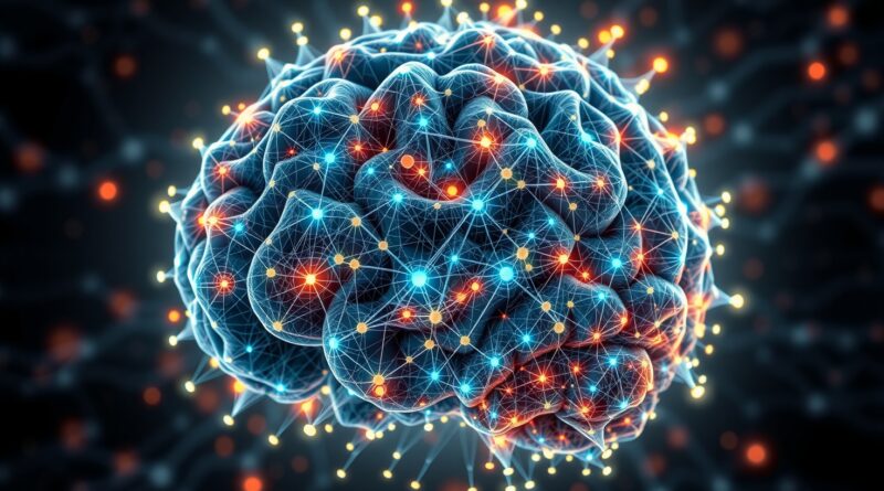 Abstrakcyjny mózg fraktalny z siecią węzłów, symbolizujący algorytmy, uczenie maszynowe, proto-rozumowanie i przyszłość AI.