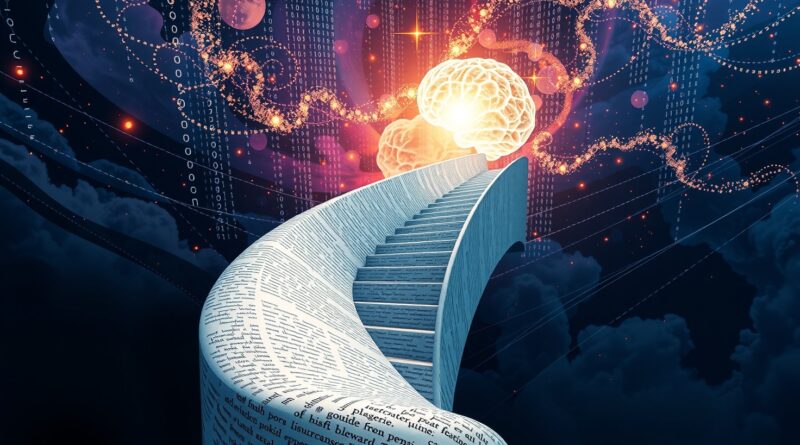 Escherowska klatka schodowa ze skryptu prowadzi do mózgowej mgławicy. Kod binarny jako stardust. "Hakowanie nagród" subtelnie zaznaczone.