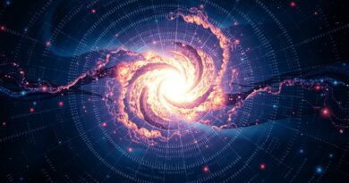 Wirująca nebula binarnego kodu z jasnym punktem – Polaris – symbolizująca efektywność modelu AI.