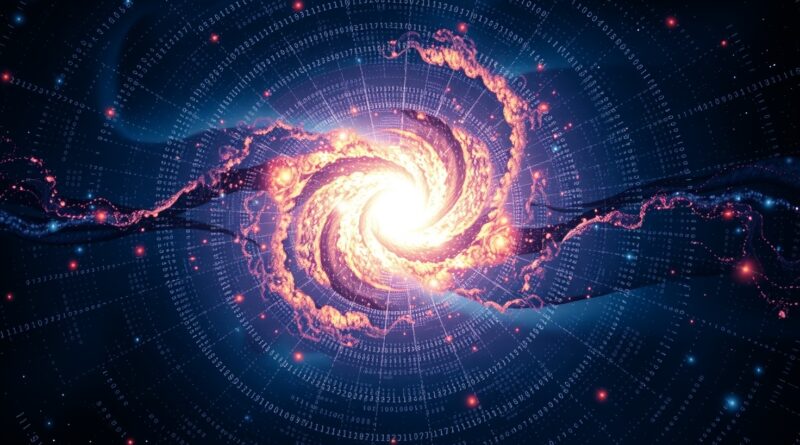 Wirująca nebula binarnego kodu z jasnym punktem – Polaris – symbolizująca efektywność modelu AI.