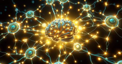 Futurystyczna sieć neuronowa symbolizująca holistyczne uczenie się maszynowe; połączenie wiedzy i zaawansowanego rozumowania.