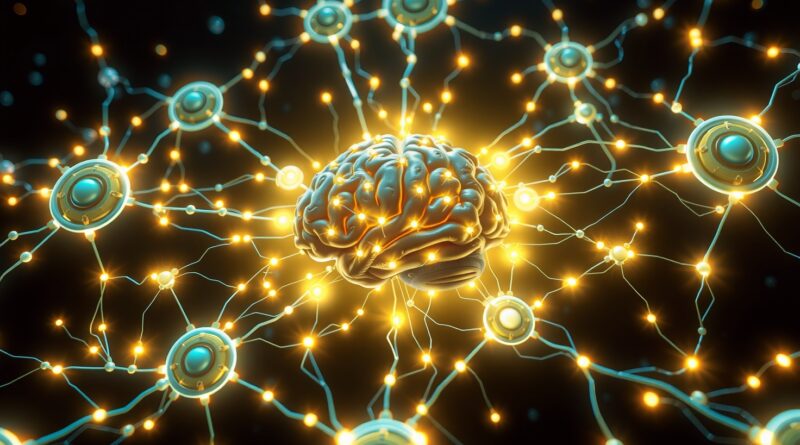 Futurystyczna sieć neuronowa symbolizująca holistyczne uczenie się maszynowe; połączenie wiedzy i zaawansowanego rozumowania.