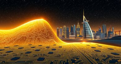 Krzemowa płytka przechodząca w panoramę Dubaju pod rozgwieżdżonym niebem; motywy arabskiej kaligrafii.