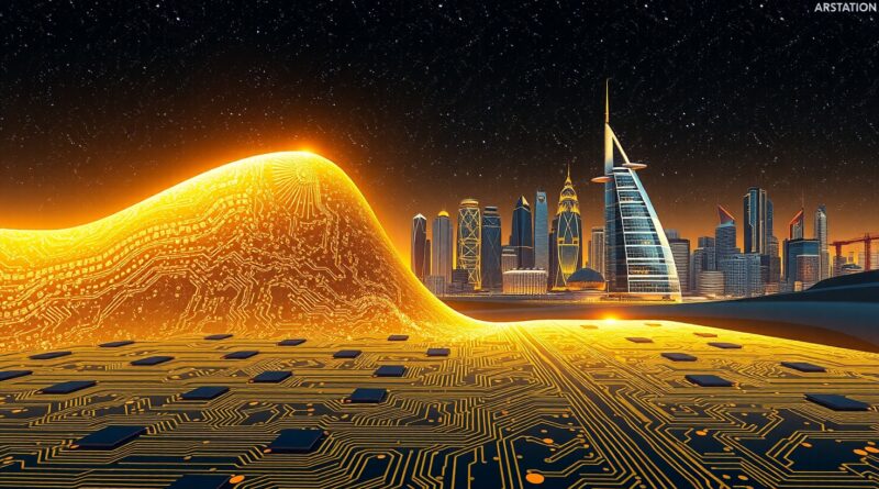 Krzemowa płytka przechodząca w panoramę Dubaju pod rozgwieżdżonym niebem; motywy arabskiej kaligrafii.