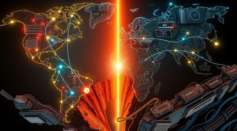 Przepaść cyfrowa: Połowa globu w neonach AI, druga w ciemności, symbolizuje globalną nierówność dostępu.