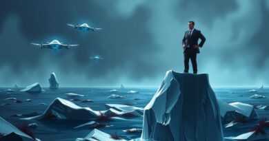 Zarząd pewny siebie na topniejącej krze. Drony AI niezauważone w tle. Ryzyka AI.