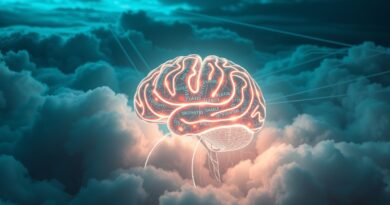 Abstrakcyjny mózg cyfrowy spleciony z kodem, futurystyczny krajobraz chmur w odcieniach błękitu i zieleni.