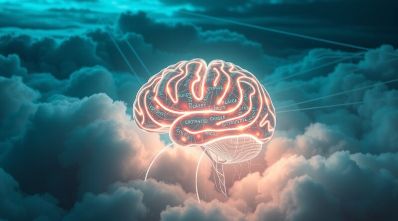 Abstrakcyjny mózg cyfrowy spleciony z kodem, futurystyczny krajobraz chmur w odcieniach błękitu i zieleni.