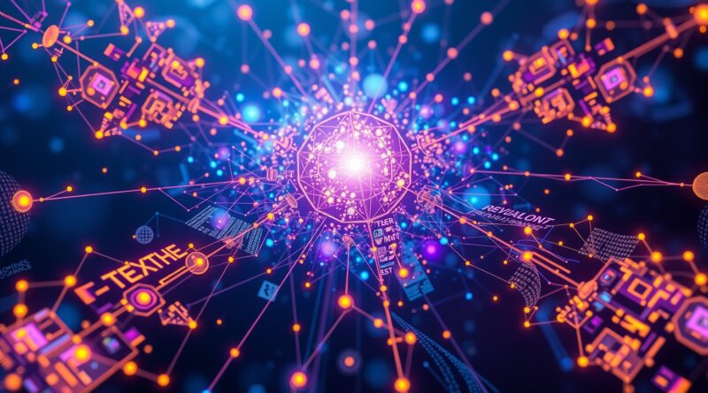 Abstrakcyjna wizualizacja multimodalnego rozumowania AI ReVisual-R1: tekstura, obrazy, połączone węzły, głębia, inteligencja.