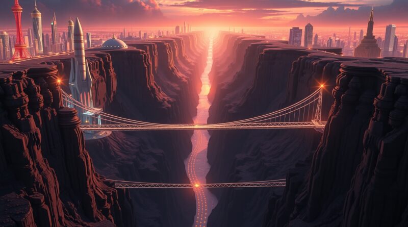 Futurystyczne miasto rozdzielone kanionem symbolizującym przepaść infrastruktury agentowej, połączone mostem danych.
