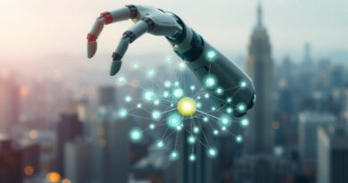 Robotyczna ręka delikatnie manipuluje podświetlonymi węzłami sieci neuronowej na tle rozmytego krajobrazu miasta.