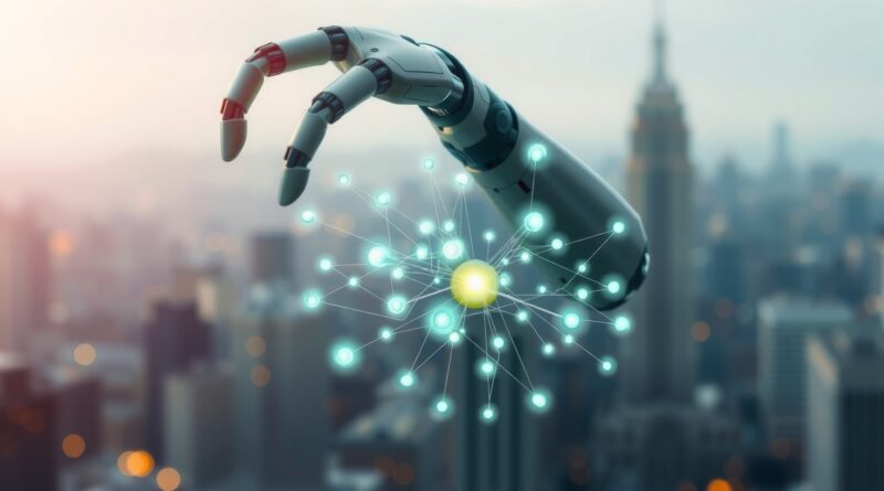 Robotyczna ręka delikatnie manipuluje podświetlonymi węzłami sieci neuronowej na tle rozmytego krajobrazu miasta.