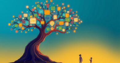 Stylizowane drzewo wiedzy z korzeniami, uczące małe AI modele poprzez ekrany z tekstem i równaniami.