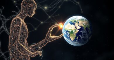 Eteryczna postać z kodu dotyka Ziemi, otulając ją siecią ochronnego światła. Algorytmy w tle.