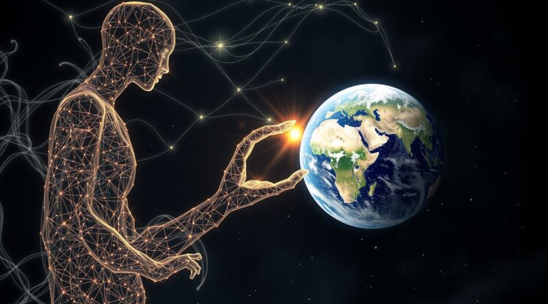 Eteryczna postać z kodu dotyka Ziemi, otulając ją siecią ochronnego światła. Algorytmy w tle.