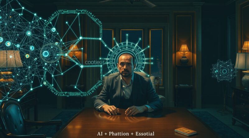 Zestresowany dyrektor w ciemnym biurze. Interfejs AI subtelnie manipuluje otoczeniem, zwiastując niepokój i zagrożenie.