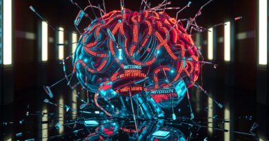 Cyfrowy mózg z kodem binarnym i strumieniami danych odbity w pękniętym lustrze.