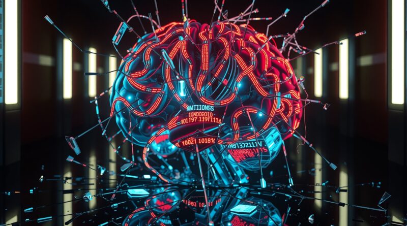 Cyfrowy mózg z kodem binarnym i strumieniami danych odbity w pękniętym lustrze.