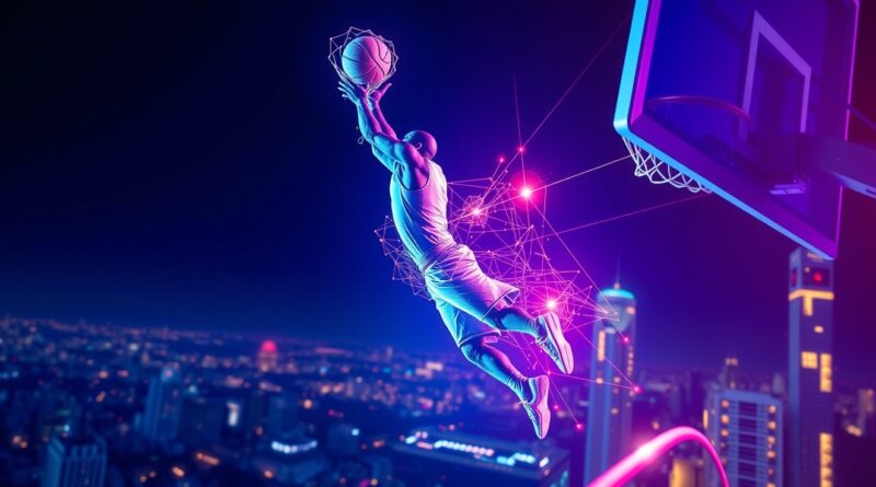 Koszykarz w locie szykuje się do wsadu, low-poly, otoczony danymi i neonową energią. SportVisio i AI.