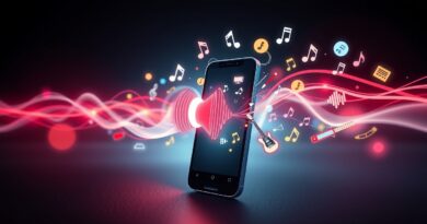 Abstrakcyjne fale dźwiękowe z telefonu, przechodzące w instrumenty i ikony efektów dźwiękowych.