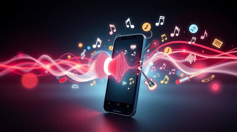 Abstrakcyjne fale dźwiękowe z telefonu, przechodzące w instrumenty i ikony efektów dźwiękowych.