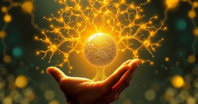 Złota sieć neuronowa wyrasta z kuli trzymanej w dłoni z kodu, symbolizując rozwój AI.