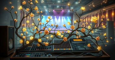 Surrealistyczna wizja konsoli mikserskiej splecionej z roślinnością i nutami, zacierająca granice sali sądowej i koncertowej.