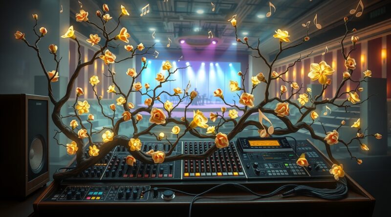 Surrealistyczna wizja konsoli mikserskiej splecionej z roślinnością i nutami, zacierająca granice sali sądowej i koncertowej.