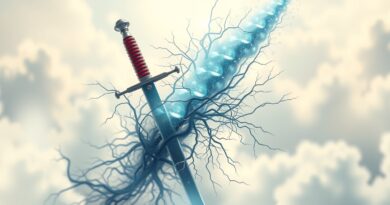 Miecz przekształcający się w sieć neuronową na tle giełdowych taśm i obłoków. Symbol połączenia medycyny i AI.