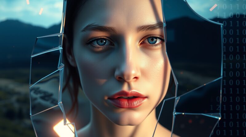 Awatar AI wyłaniający się z lustra, mikrowyrażenia, kod binarny, niebiesko-fioletowa kolorystyka, realizm i surrealizm.