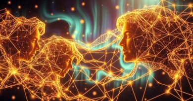 Złote nici tworzą portrety artystów na tle cyfrowej zorzy, symbolizując fuzję sztuki i AI.