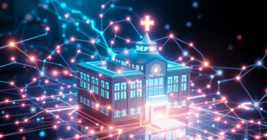 Lśniąca sieć neuronowa chroni szpital, wizualizując dane i odpychając cyberzagrożenia. Ochrona, przyszłość, nadzieja.