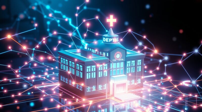 Lśniąca sieć neuronowa chroni szpital, wizualizując dane i odpychając cyberzagrożenia. Ochrona, przyszłość, nadzieja.