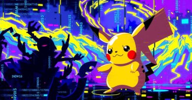 Zglitchowany Pikachu w cyfrowej arenie Pokémon, otoczony chaosem AI, oddający emocje sztucznej inteligencji.