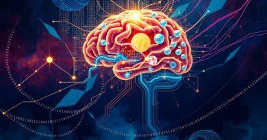 Surrealistyczne połączenie mózgu, obwodów i kodu binarnego na tle gwiezdnej mgławicy. AI a człowieczeństwo.