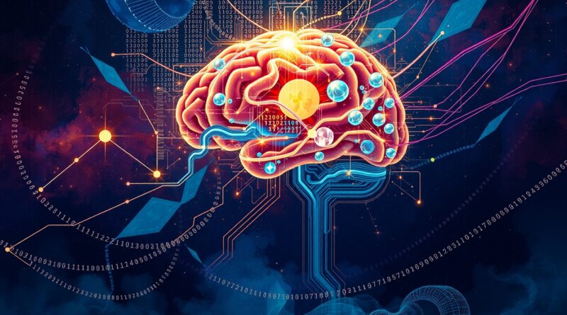 Surrealistyczne połączenie mózgu, obwodów i kodu binarnego na tle gwiezdnej mgławicy. AI a człowieczeństwo.