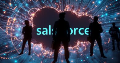 Nebula Salesforce z kodem i sylwetkami ludzi, symbolizuje przejmowanie zadań przez AI.