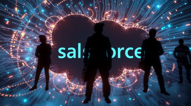 Nebula Salesforce z kodem i sylwetkami ludzi, symbolizuje przejmowanie zadań przez AI.