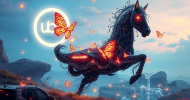 Surrealistyczna wizja: Kalanick z obwodów próbuje przejąć autonomicznego kucyka Pony AI. Uber w tle.