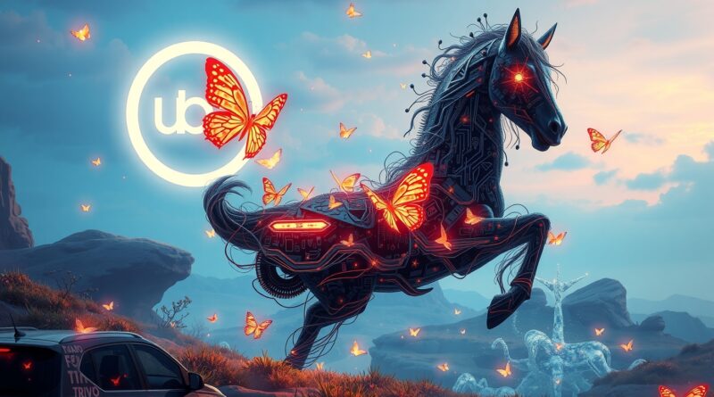 Surrealistyczna wizja: Kalanick z obwodów próbuje przejąć autonomicznego kucyka Pony AI. Uber w tle.