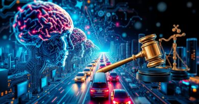 Abstrakcyjne połączenie mózgów, paragrafów, AI i ekranów symbolizuje zmiany w prawie i technologii.