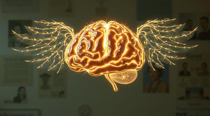 Świecący mózg ze skrzydłami z piór, symbolizujący zrównoważone uczenie się i przetwarzanie multimodalne.