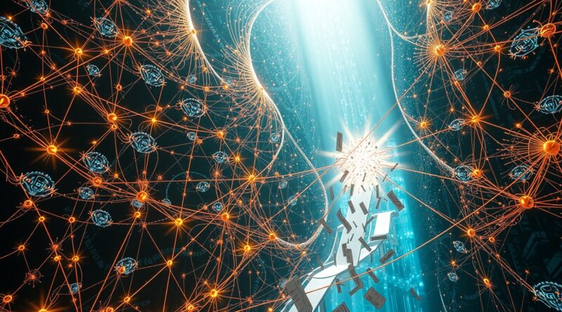 Monumentalna sieć neuronowa jak katedra, symbol sztucznej inteligencji wspierającej aplikację Wispr Flow do dyktowania.