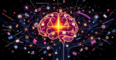 Abstrakcyjna sieć danych spływająca do świetlistego mózgu, otoczona fragmentami informacji.