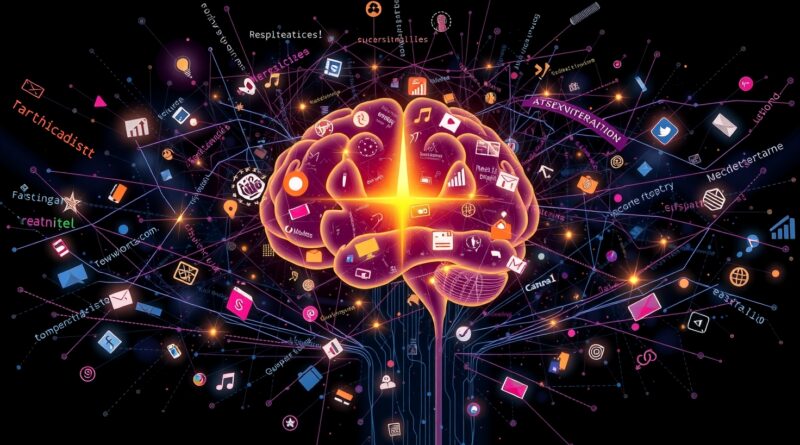 Abstrakcyjna sieć danych spływająca do świetlistego mózgu, otoczona fragmentami informacji.