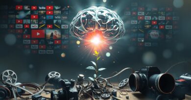 Eteryczny mózg z ekranów YouTube nad zniszczonym krajobrazem filmu i kamer. Kiełek z "play" w stronę światła.