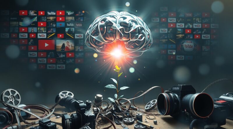 Eteryczny mózg z ekranów YouTube nad zniszczonym krajobrazem filmu i kamer. Kiełek z "play" w stronę światła.