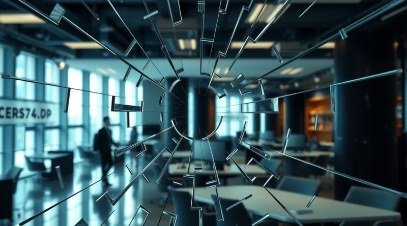 Pęknięte lustro odbija zniekształcony obraz biura. Strumienie danych sugerują porażkę AI w biznesie.